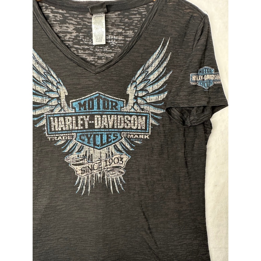 Harley Davidson Motorcycles Wings V Neck Sheer Burnout T Shirt Women's X Large